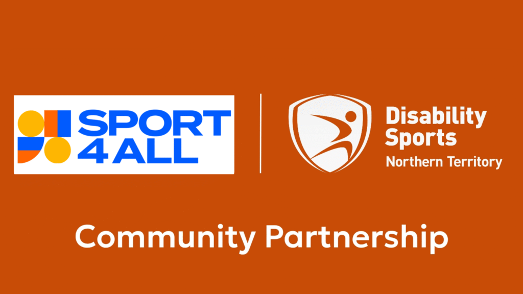 Orange graphic with the logo of Sport4All and Disability Sports Australia. At the bottom of the tile it reads ' Community Partnership'